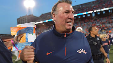 Oct 12, 2024; Champaign, Illinois, USA; Illinois Fighting Illini head coach Bret Bielema celebrates a 50-49 win over the Purdue Boilermakers at Memorial Stadium. Mandatory Credit: Ron Johnson-Imagn Images