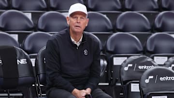 Oct 27, 2025; Salt Lake City, Utah, USA; Utah Jazz CEO of basketball operations Danny Ainge watches the teams warm up before the game against the Phoenix Suns at Delta Center. Mandatory Credit: Rob Gray-Imagn Images