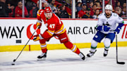 Mar 12, 2025; Calgary, Alberta, CAN; Calgary Flames center Connor Zary (47) controls the puck against Vancouver Canucks defenseman Filip Hronek (17) during the second period at Scotiabank Saddledome. Mandatory Credit: Sergei Belski-Imagn Images