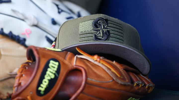 May 20, 2023; Atlanta, Georgia, USA; A detailed view of the Seattle Mariners armed forces day hat in the dugout against the Atlanta Braves in the first inning at Truist Park. Mandatory Credit: Brett Davis-USA TODAY Sports