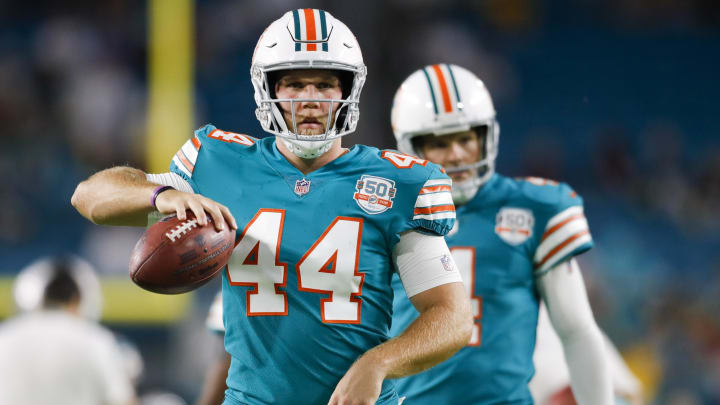 Miami Dolphins long-snapper Blake Ferguson (44) walks on the field prior to the game against the Pittsburgh Steelers at Hard Rock Stadium.