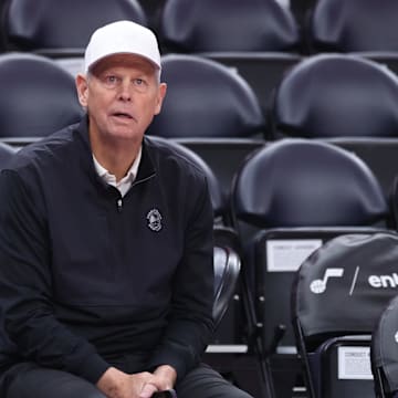 Oct 27, 2025; Salt Lake City, Utah, USA; Utah Jazz CEO of basketball operations Danny Ainge watches the teams warm up before the game against the Phoenix Suns at Delta Center. Mandatory Credit: Rob Gray-Imagn Images