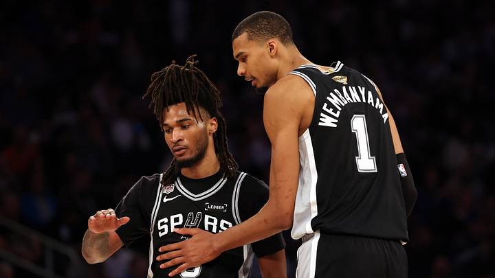 Jun 8, 2026; New York, New York, USA; San Antonio Spurs guard Stephon Castle (5) talks with forward Victor Wembanyama (1) against the New York Knicks during game three of the 2026 NBA Finals in the third quarter at Madison Square Garden. Mandatory Credit: Geoff Burke-Imagn Images
