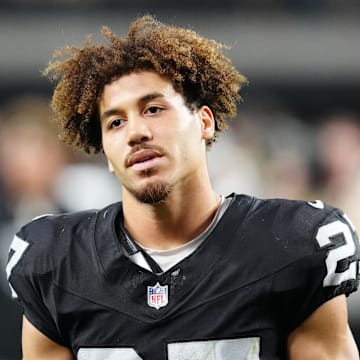 Nov 2, 2025; Paradise, Nevada, USA; Las Vegas Raiders safety Tristin McCollum (27) reacts after the loss against the Jacksonville Jaguars at Allegiant Stadium. Mandatory Credit: Stephen R. Sylvanie-Imagn Images