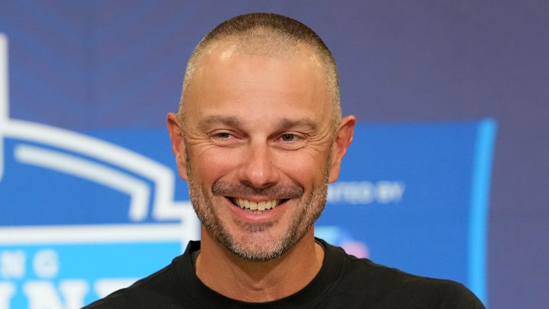 Feb 24, 2026; Indianapolis, IN, USA; Las Vegas Raiders general manager John Spytek speaks at the NFL Scouting Combine at the Indiana Convention Center. Mandatory Credit: Kirby Lee-Imagn Images