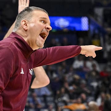 Mississippi State Bulldogs head coach Chris Jans yells to his team against the Missouri Tigers during the second half at Bridgestone Arena.