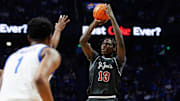 Nov 20, 2023; Lexington, Kentucky, USA; Saint Joseph's Hawks forward Rasheer Fleming (13) shoots the ball during the first half against the Kentucky Wildcats at Rupp Arena at Central Bank Center.