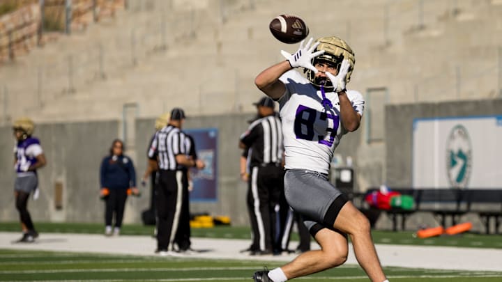 Washington's Luke Gayton (83) catches the ball during practice at SAC II in El Paso, Texas, on Saturday, Dec. 28, 2024, as the team prepares for the Tony the Tiger Sun Bowl.