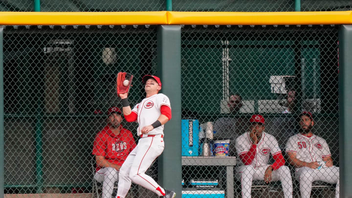 Cincinnati Reds centerfielder TJ Friedl (29) catches a fly ball off the bat of Ian Happ in the fourth inning of the MLB National League game between the Cincinnati Reds and the Chicago Cubs at Great American Ball Park in downtown Cincinnati on Monday, July 29, 2024. The Reds led 3-0 after four innings.