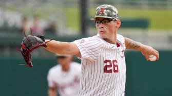 April 19, 2024; Tuscaloosa, AL, USA; Alabama pitcher Greg Farone (26) makes a pitch during the game with Texas A&M at Sewell-Thomas Stadium in the first game of a double header Friday.
