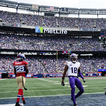 Sep 8, 2024; East Rutherford, New Jersey, USA; Minnesota Vikings wide receiver Jalen Nailor (83) celebrates with teammates after scoring a touchdown against the New York Giants during the second half at MetLife Stadium.