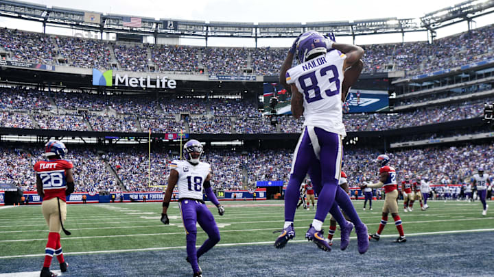 Sep 8, 2024; East Rutherford, New Jersey, USA; Minnesota Vikings wide receiver Jalen Nailor (83) celebrates with teammates after scoring a touchdown against the New York Giants during the second half at MetLife Stadium.