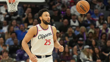 Apr 11, 2025; Sacramento, California, USA; Los Angeles Clippers guard Ben Simmons (25) during the third quarter against the Sacramento Kings at Golden 1 Center. Mandatory Credit: Darren Yamashita-Imagn Images