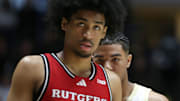 Purdue Boilermakers guard C.J. Cox (0) stares at Rutgers Scarlet Knights guard Dylan Harper (2) Tuesday, March 4, 2025, during the NCAA men’s basketball game at Mackey Arena in West Lafayette, Ind. Purdue Boilermakers won 100-71.