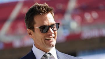 Jan 5, 2025; Tampa, Florida, USA; former NFL quarterback Tom Brady looks on before a game between the Tampa Bay Buccaneers and New Orleans Saints at Raymond James Stadium. 