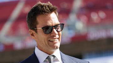 Jan 5, 2025; Tampa, Florida, USA; former NFL quarterback Tom Brady looks on before a game between the Tampa Bay Buccaneers and New Orleans Saints at Raymond James Stadium.