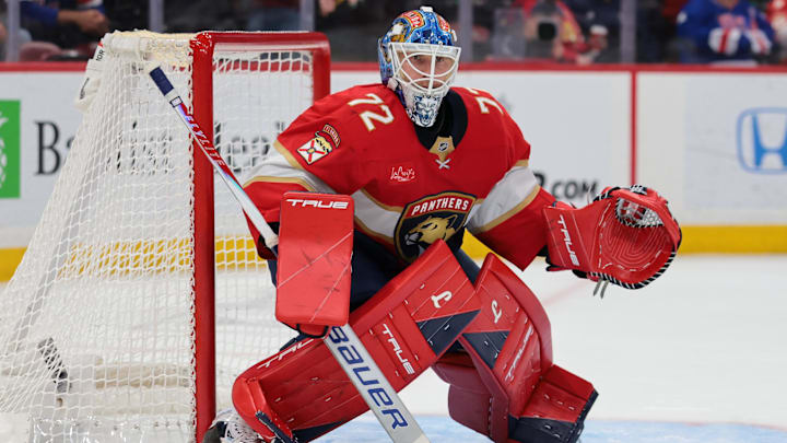 Florida Panthers goaltender Sergei Bobrovsky tends his crease.
