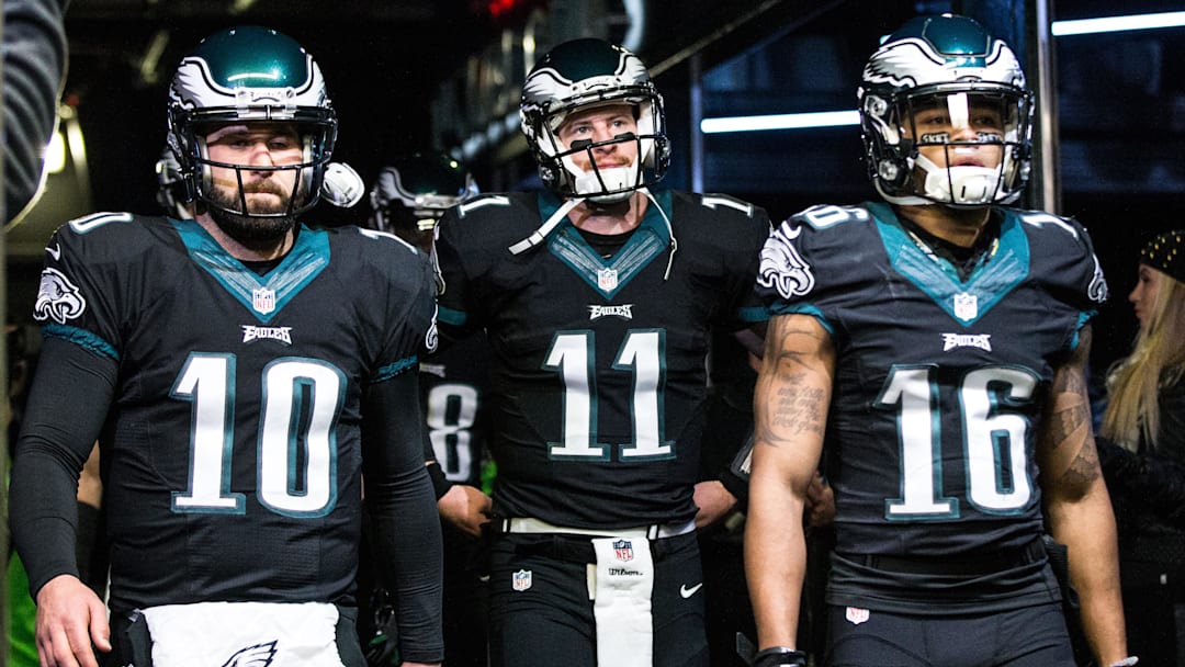 Dec 22, 2016; Philadelphia, PA, USA; Philadelphia Eagles quarterback Chase Daniel (10) and quarterback Carson Wentz (11) and wide receiver Bryce Treggs (16) walk out of the tunnel for warm ups against the New York Giants at Lincoln Financial Field. Mandatory Credit: Bill Streicher-Imagn Images