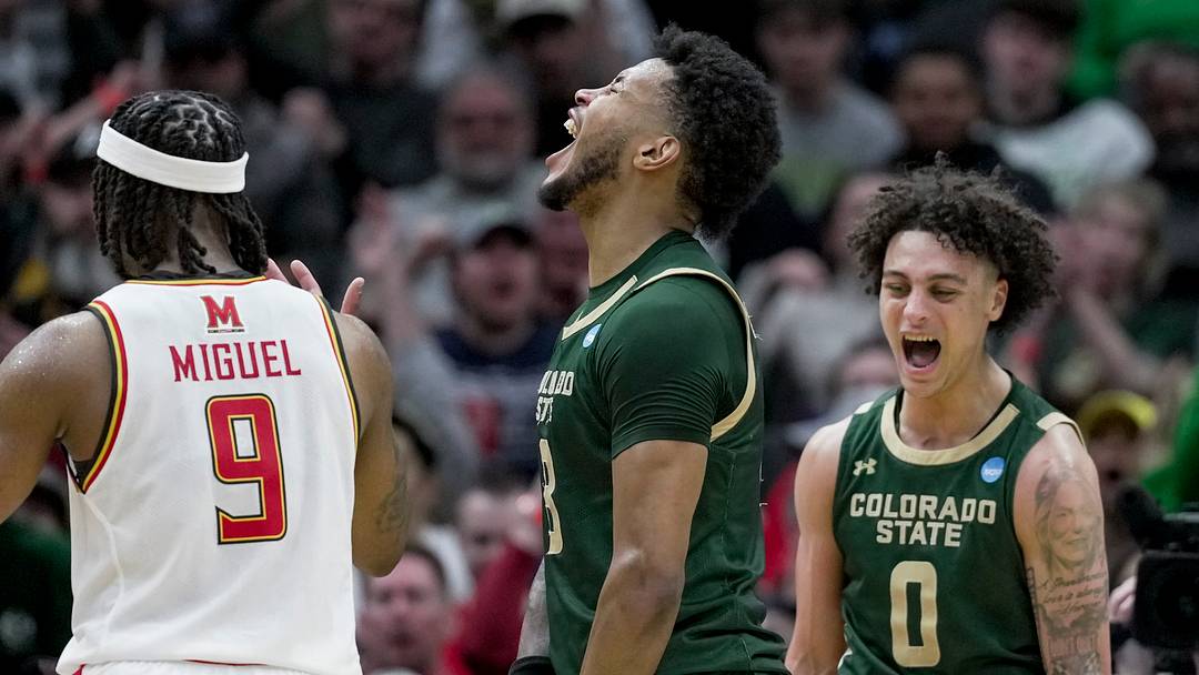 Mar 23, 2025; Seattle, WA, USA; Colorado State Rams forward Jaylen Crocker-Johnson (8) and guard Kyan Evans (0) react after a play against the Maryland Terrapins in the first half at Climate Pledge Arena. Mandatory Credit: Stephen Brashear-Imagn Images Mar 23, 2025; Seattle, WA, USA; Colorado State Rams forward Jaylen Crocker-Johnson (8) and guard Kyan Evans (0) react after a play against the Maryland Terrapins in the first half at Climate Pledge Arena. Mandatory Credit: Stephen Brashear-Imagn Images
