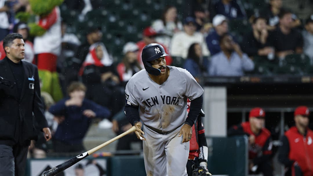 Aug 29, 2025; Chicago, Illinois, USA; New York Yankees center fielder Trent Grisham (12) watches his grand slam against the Chicago White Sox during the fourth inning at Rate Field. Mandatory Credit: Kamil Krzaczynski-Imagn Images Aug 29, 2025; Chicago, Illinois, USA; New York Yankees center fielder Trent Grisham (12) watches his grand slam against the Chicago White Sox during the fourth inning at Rate Field. Mandatory Credit: Kamil Krzaczynski-Imagn Images