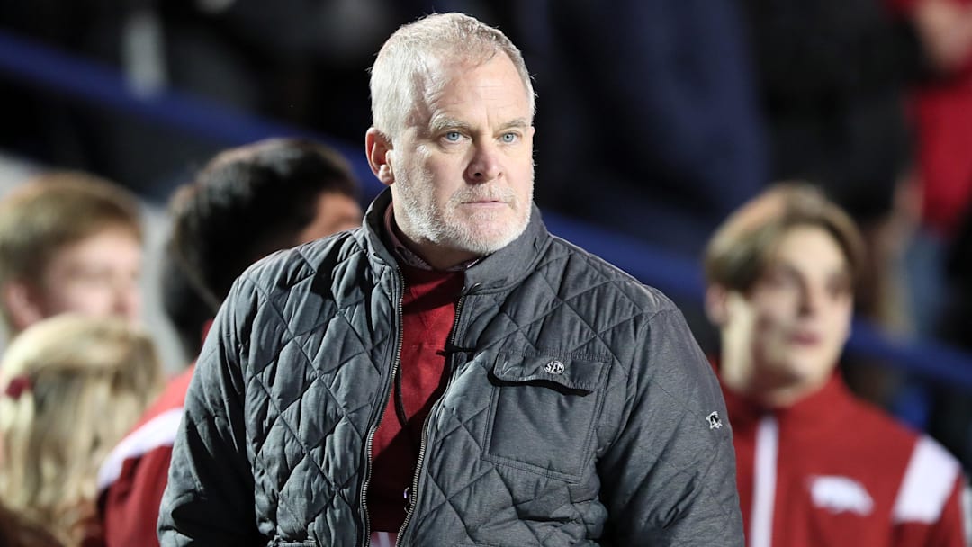 Dec 28, 2022; Memphis, TN, USA; Arkansas Razorbacks Vice Chancellor and Director of Athletics Hunter Yurachek during the second overtime against the Kansas Jayhawks in the 2022 Liberty Bowl at Liberty Bowl Memorial Stadium. Arkansas won 55-53. Mandatory Credit: Nelson Chenault-Imagn Images