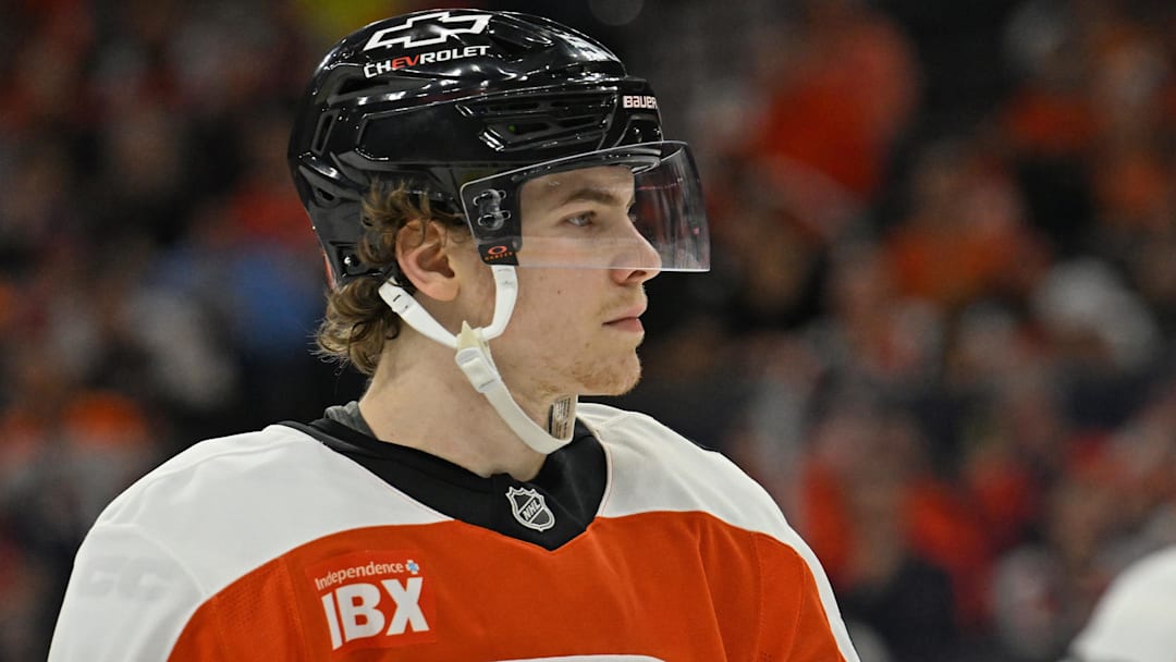 Apr 14, 2026; Philadelphia, Pennsylvania, USA; Philadelphia Flyers defenseman Oliver Bonk (59) against the Montréal Canadiens at Xfinity Mobile Arena.