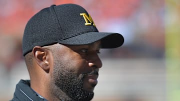 Oct 19, 2024; Champaign, Illinois, USA;  Michigan Wolverines head coach Sherrone Moore during the first half against the Illinois Fighting Illini at Memorial Stadium. Mandatory Credit: Ron Johnson-Imagn Images