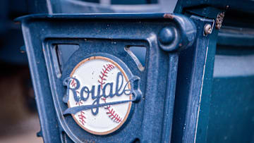 Apr 16, 2023; Kansas City, Missouri, USA; Logo on stadium seats prior to the game between the Kansas City Royals and the Atlanta Braves at Kauffman Stadium. Mandatory Credit: William Purnell-Imagn Images