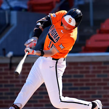 Oklahoma State's Nolan Schubart (10) hits a single in the first inning during the college baseball game between the Oklahoma State University Cowboys and the UT Arlington at O'Brate Stadium in Stillwater, Okla., Sunday, Feb., 23, 2025.