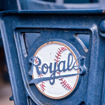 Apr 16, 2023; Kansas City, Missouri, USA; Logo on stadium seats prior to the game between the Kansas City Royals and the Atlanta Braves at Kauffman Stadium. Mandatory Credit: William Purnell-Imagn Images