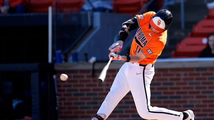 Oklahoma State's Nolan Schubart (10) hits a single in the first inning during the college baseball game between the Oklahoma State University Cowboys and the UT Arlington at O'Brate Stadium in Stillwater, Okla., Sunday, Feb., 23, 2025. Oklahoma State's Nolan Schubart (10) hits a single in the first inning during the college baseball game between the Oklahoma State University Cowboys and the UT Arlington at O'Brate Stadium in Stillwater, Okla., Sunday, Feb., 23, 2025.