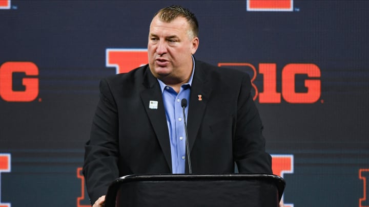 Jul 26, 2023; Indianapolis, IN, USA;  Illinois Fighting Illini head coach Bret Bielema speaks to the media during Big 10 football media days at Lucas Oil Stadium. Mandatory Credit: Robert Goddin-USA TODAY Sports