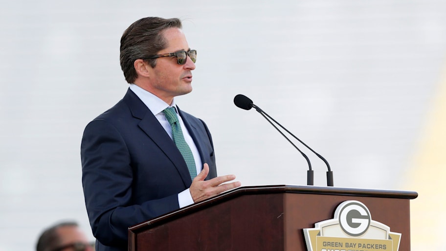 Green Bay Packers president and CEO Ed Policy speaks during the Green Bay Packers annual shareholders meeting.