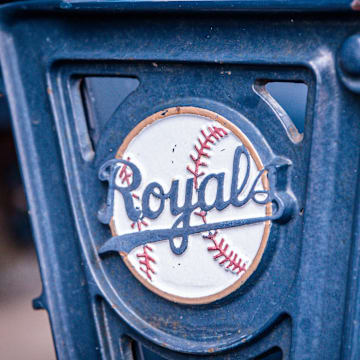 Apr 16, 2023; Kansas City, Missouri, USA; Logo on stadium seats prior to the game between the Kansas City Royals and the Atlanta Braves at Kauffman Stadium. Mandatory Credit: William Purnell-Imagn Images