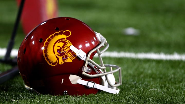 Oct 11, 2014; Tucson, AZ, USA; Detailed view of a Southern California Trojans helmet during the game against the Arizona Wildcats at Arizona Stadium. The Trojans defeated the Wildcats 28-26. Mandatory Credit: Mark J. Rebilas-USA TODAY Sports