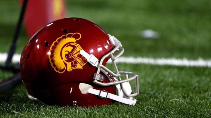 Oct 11, 2014; Tucson, AZ, USA; Detailed view of a Southern California Trojans helmet during the game against the Arizona Wildcats at Arizona Stadium. The Trojans defeated the Wildcats 28-26. Mandatory Credit: Mark J. Rebilas-USA TODAY Sports