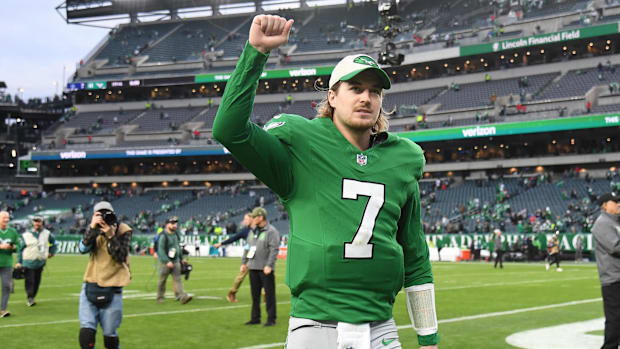 Philadelphia, Pennsylvania, USA; Philadelphia Eagles quarterback Kenny Pickett (7) walks off the field after win against the