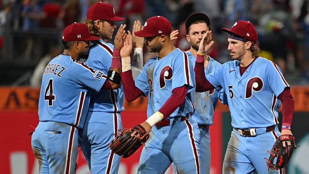 Aug 6, 2026; Philadelphia, Pennsylvania, USA; Philadelphia Phillies second baseman Luis Arraez (4), third baseman Alec Bohm (28), center fielder Justin Crawford (2), shortstop Trea Turner (7) and second baseman Bryson Stott (5) celebrate win against the Washington Nationals at Citizens Bank Park. Mandatory Credit: Eric Hartline-Imagn Images Aug 6, 2026; Philadelphia, Pennsylvania, USA; Philadelphia Phillies second baseman Luis Arraez (4), third baseman Alec Bohm (28), center fielder Justin Crawford (2), shortstop Trea Turner (7) and second baseman Bryson Stott (5) celebrate win against the Washington Nationals at Citizens Bank Park. Mandatory Credit: Eric Hartline-Imagn Images