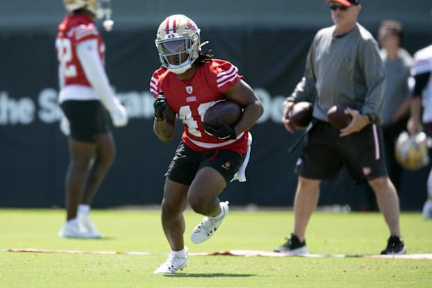 San Francisco 49ers running back Corey Kiner (49) runs a play from scrimmage during an OTA at Levi's Stadium. Mandatory Credi