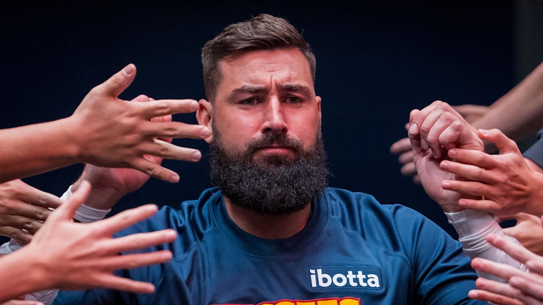 Oct 6, 2025; Vancouver, British Columbia, CAN; Denver Nuggets center Jonas Valanciunas (17) walks through fans prior to the start of a game against the Toronto Raptors at  Rogers Arena. Mandatory Credit: Bob Frid-Imagn Images