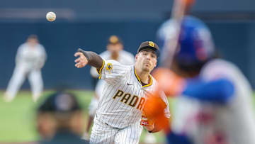 Jul 29, 2025; San Diego, California, USA; San Diego Padres starting pitcher Ryan Bergert (38) throws a pitch during the first inning against the New York Mets at Petco Park. Mandatory Credit: David Frerker-Imagn Images