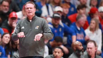 Kansas Jayhawks head coach Bill Self yells out plays during the first half of the exhibition game against Fort Hays State Tigers inside Allen Fieldhouse on Tuesday, October, 28, 2025.