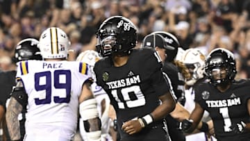 Oct 26, 2024; College Station, Texas, USA; Texas A&M Aggies quarterback Marcel Reed (10) reacts against the LSU Tigers during the third quarter. The Aggies defeated the Tigers 38-23; at Kyle Field. Mandatory Credit: Maria Lysaker-Imagn Images. 