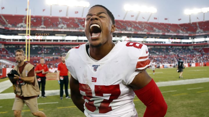 Sep 22, 2019; Tampa, FL, USA; New York Giants wide receiver Sterling Shepard (87) celebrates after defeating the Tampa Bay Buccaneers at Raymond James Stadium. Mandatory Credit: Kim Klement-USA TODAY Sports