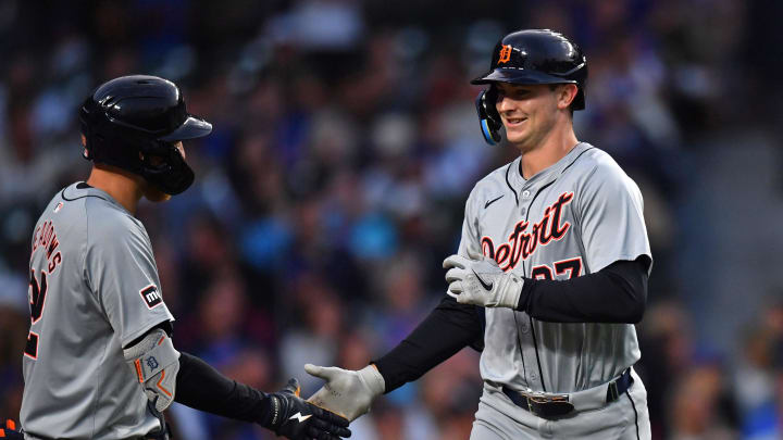 Aug 21, 2024; Chicago, Illinois, USA; Detroit Tigers shortstop Trey Sweeney (27) celebrates his first career MLB home run after hitting a two-run home run during the second inning against the Chicago Cubs at Wrigley Field. 