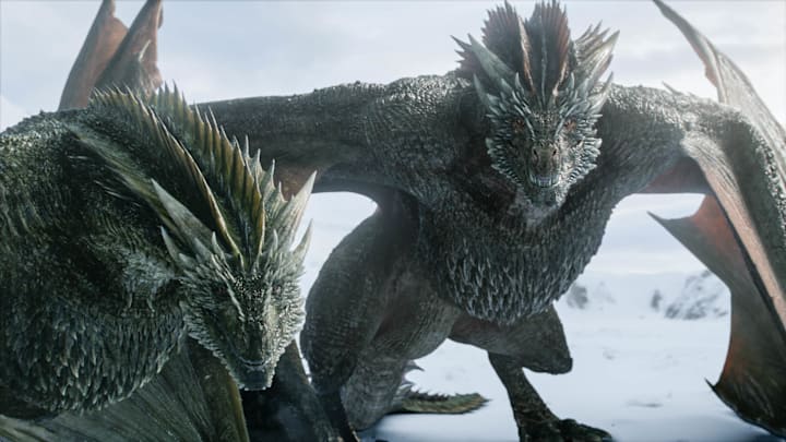 Rhaegal and Drogon in Game of Thrones season 8 Episode 1, "Winterfell"