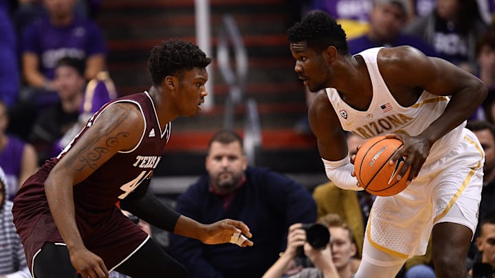 Dec 5, 2017; Phoenix, AZ, USA; Texas A&M Aggies forward Robert Williams (44) guards Arizona Wildcats forward Deandre Ayton (13) during the first half at Talking Stick Resort Arena. Mandatory Credit: Joe Camporeale-Imagn Images