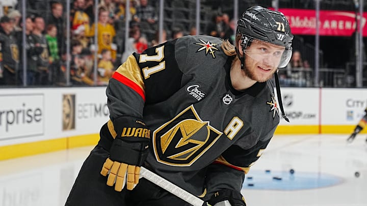 Dec 23, 2024; Las Vegas, Nevada, USA; Vegas Golden Knights center William Karlsson (71) warms up before a game against the Anaheim Ducks at T-Mobile Arena. Mandatory Credit: Stephen R. Sylvanie-Imagn Images