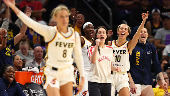 Indiana Fever guard Caitlin Clark celebrated a three-pointer from Sophie Cunningham against the Phoenix Mercury. Indiana Fever guard Caitlin Clark celebrated a three-pointer from Sophie Cunningham against the Phoenix Mercury.