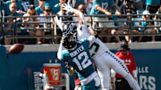Seattle Seahawks cornerback Josh Jobe (29) breaks up a touchdown pass intended for Jacksonville Jaguars wide receiver Travis Hunter (12) during the third quarter in an NFL football game at EverBank Stadium, Sunday, Oct. 12, 2025, in Jacksonville, Fla.